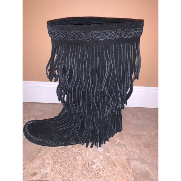 Fringe Suede Moccasin Boots - Picture 1 of 4